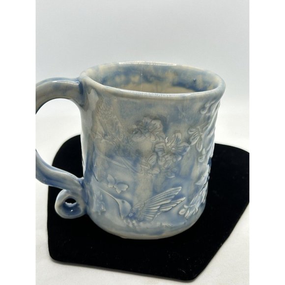 mug pottery hummingbird Butterflies Blue Floral Signed Yaz - Picture 7 of 15